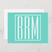 Bloed modern 3 Initialen monogram | White on Aqua Briefkaart (Voorkant / Achterkant)