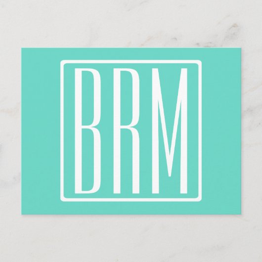 Bloed modern 3 Initialen monogram | White on Aqua Briefkaart (Voorkant)