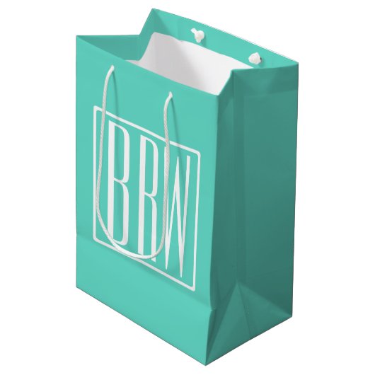 Bloed modern 3 Initialen monogram | White on Aqua Medium Cadeauzakje (Voorkant Gekanteld)