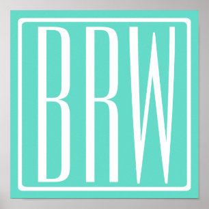 Bloed modern 3 Initialen monogram White on Aqua Poster