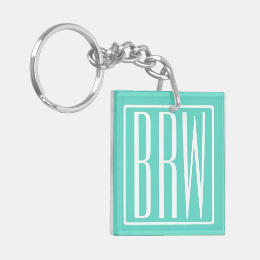 Bloed modern 3 Initialen monogram | White on Aqua Sleutelhanger (Voorkant Links)