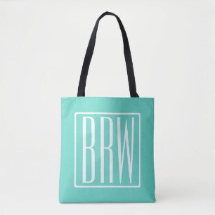 Bloed modern 3 Initialen monogram White on Aqua Tote Bag