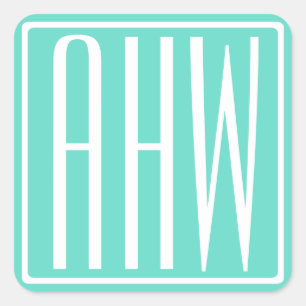 Bloed modern 3 Initialen monogram   White on Aqua Vierkante Sticker