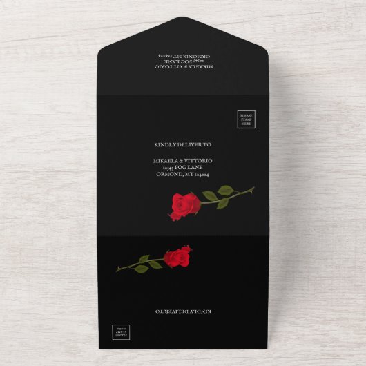 Bloederig Roos Elegant Zwart Gotisch All In One Uitnodiging (Buitenkant)