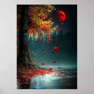 Bloedmaan boven herfstmeer - mystieke herfst poster