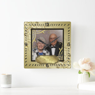 Bloei Goud Zwart 50ste Huwelijksjubileum Foto Vierkante Klok
