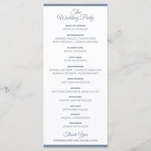 Bloei lang Elegant Bruiloft Programma | Dusty Blue (Achterkant)