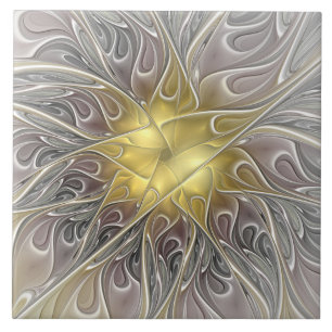 Bloei met gouden moderne abstracte fractalbloem tegeltje