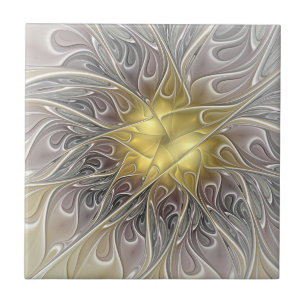 Bloei met gouden moderne abstracte fractalbloem tegeltje
