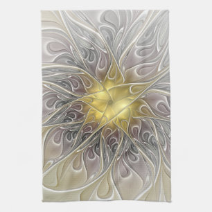 Bloei met gouden moderne abstracte fractalbloem theedoek