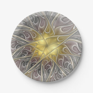 Bloei met gouden moderne abstracte fractale bloem papieren bordje