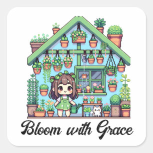 Bloei met Grace   Kawaii Meisje met Planten Vierkante Sticker