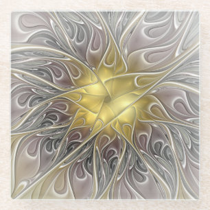 Bloei met moderne abstracte fractale bloem in goud glazen onderzetter