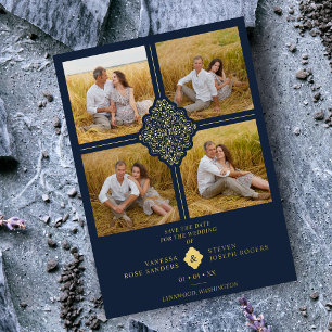 Bloei Navy Goud 4 Foto's Klassieke Filigraan Folie Uitnodiging