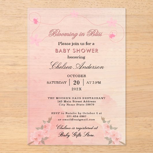 Bloeien in Bliss Blush Pink Baby shower Acryl Uitnodigingen (Voorkant)