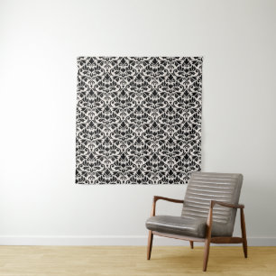 Bloeiend damastpatroon zwart op crème wandkleed