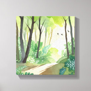 Bloeiend Groen Woud Natuur Waterverf Canvas Afdruk