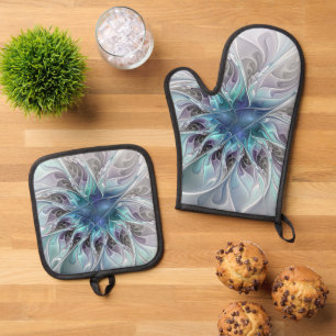 Bloeiende Abstracte Moderne Fractale Bloem Met Bla Ovenwant & Pannenlap Set