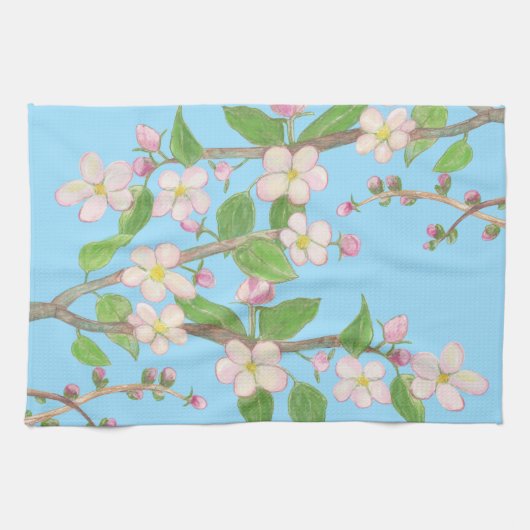 Bloeiende Apple Tree Branch Sky Blue Theedoek (Horizontaal)