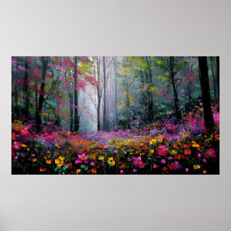Bloeiende Bloemen en Hoge Bomen in Vredig Bos Poster