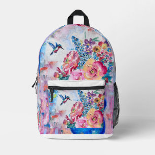 Bloeiende Bloemen & Kolibrie Olie Pastel Kunstwerk Bedrukte Rugzak