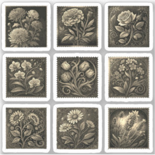 Bloeiende Bloemen Postzegels Tekening Goud Sticker