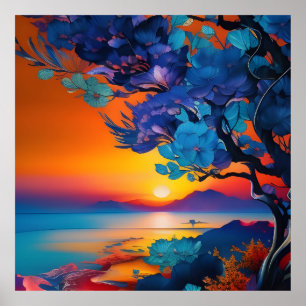 Bloeiende Boom aan het Meer bij zonsopgang Poster