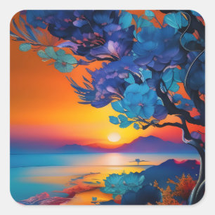 Bloeiende boom aan het meer bij zonsopgang vierkante sticker