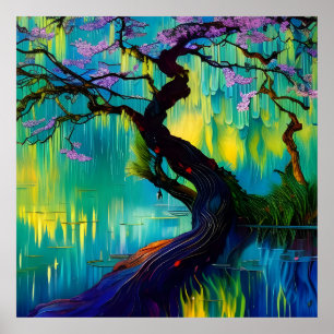 Bloeiende boom boven water poster