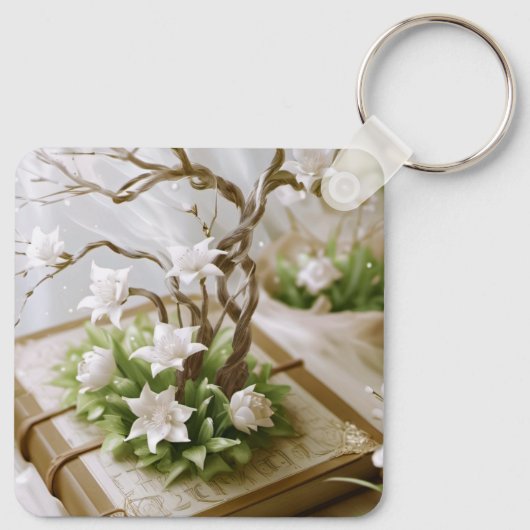 Bloeiende boom groeien uit een aangepaste boek sleutelhanger (Achterkant)