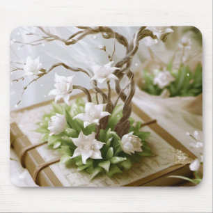 Bloeiende boom groeien uit een boek muismat