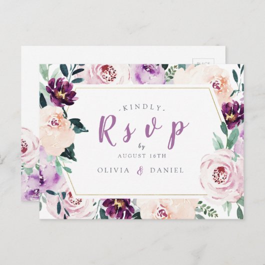 Bloeiende botanische paarse bloemenbruiloft RSVP Uitnodiging Briefkaart (Voorkant / Achterkant)