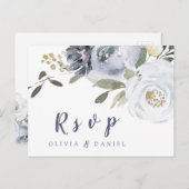 Bloeiende botanische stoffige blauwe bloemenbruilo uitnodiging briefkaart (Voorkant / Achterkant)