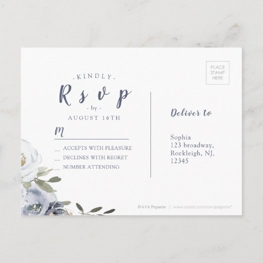 Bloeiende botanische stoffige blauwe bloemenbruilo uitnodiging briefkaart (Achterkant)