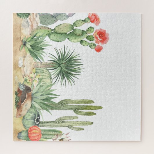 Bloeiende Cactussen Waterverf Rand Patroon Legpuzzel (Horizontaal)