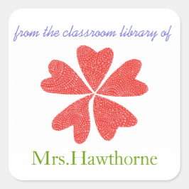 Bloeiende harten gepersonaliseerde leraar bookplat vierkante sticker