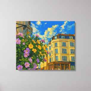 Bloeiende Hoek – Levendige Europese Straat  Canvas Afdruk