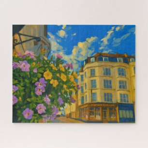 Bloeiende hoek – levendige Europese straat Legpuzzel