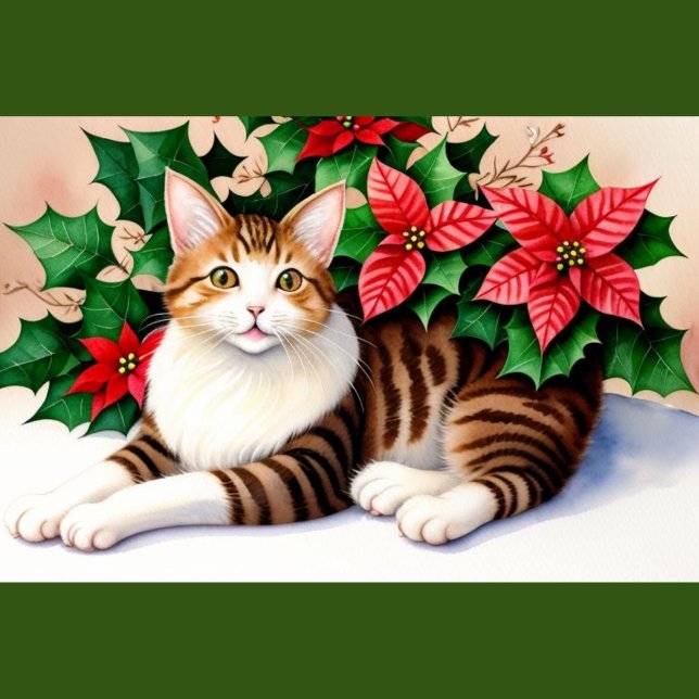 Bloeiende Kat Sierkussen (A square throw pillow with a green border features a watercolor-style painting of a tabby cat.)