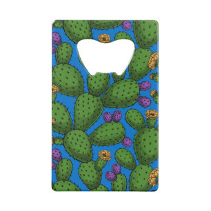 Bloeiende opuntia op blauw kredietkaart flessenopener