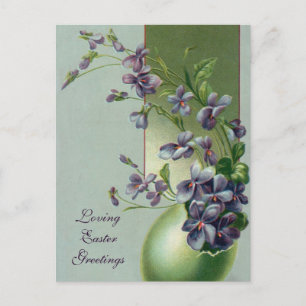  bloeiende paarse bloemen in een paasei feestdagenkaart