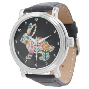 Bloeiende Paashaas Silhouet op Zwarte Achtergrond Horloge