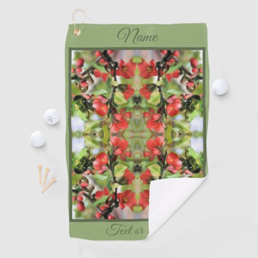 Bloeiende Quince Red Blossom Abstract gepersonalis Golfhanddoek (Insitu)