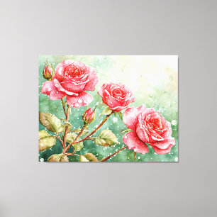 Bloeiende rode rozen met waterdruppels wanddecorat canvas afdruk