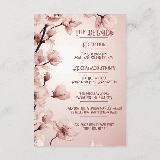 Bloeiende Romance: een volledig bloemenbruiloftsth Informatiekaartje (Voorkant)