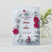 Bloeiende rood en wit roos bloem lijst bruiloft kaart (Staand voorkant)