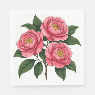 Bloeiende roze camellia bloemen met groene bladere servet