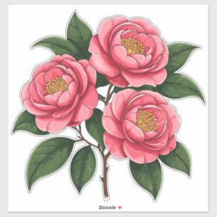 Bloeiende roze camellia bloemen met groene bladere sticker