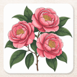 Bloeiende roze camellia bloemen met groene bladere vierkante kartonnen onderzetter