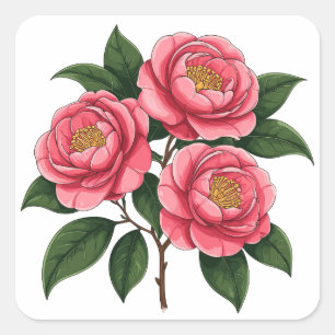 Bloeiende roze camellia bloemen met groene bladere vierkante sticker
